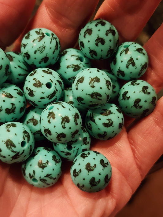 Custom exclusive silicone focal beads 15 mm print chickens Farm chicken Western turquoise