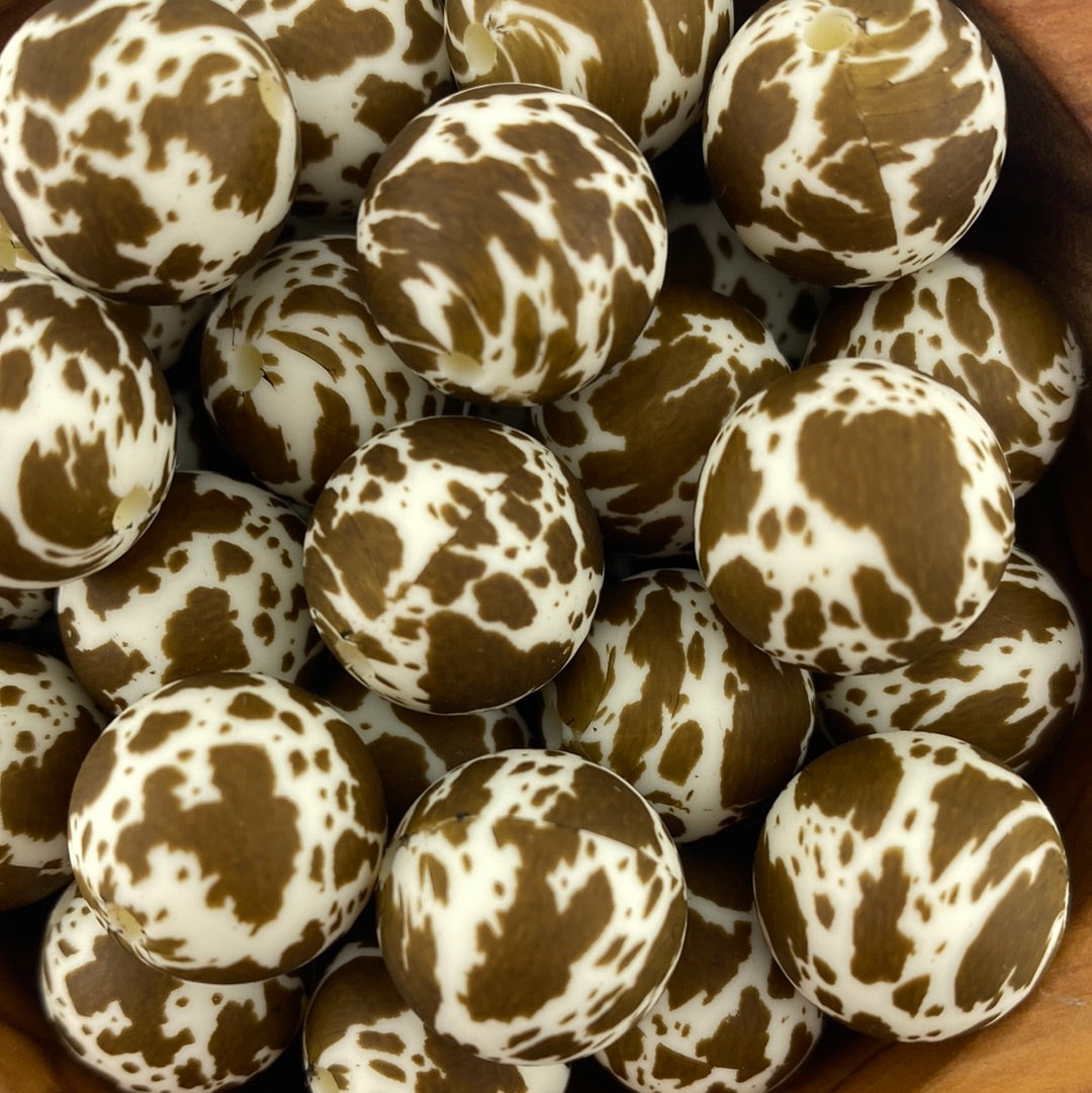 Exclusive Brown on Cream Cow Hide 15mm Print Silicone Bead