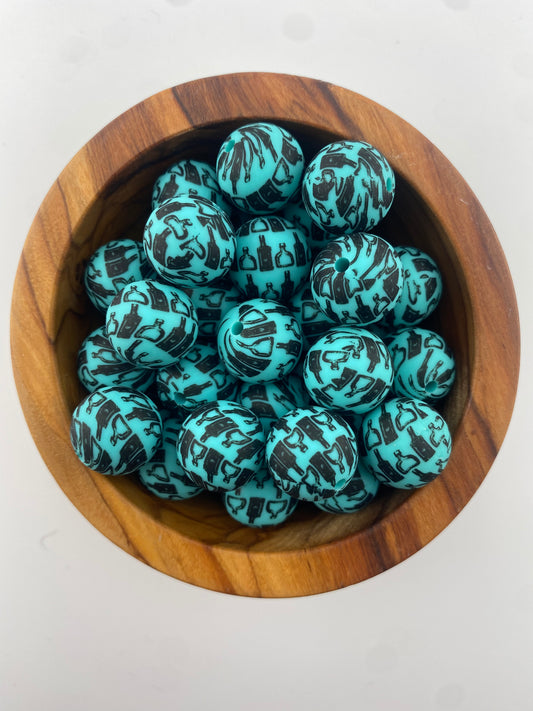 Exclusive Teal Liquor Bottle 15mm Print Silicone Bead