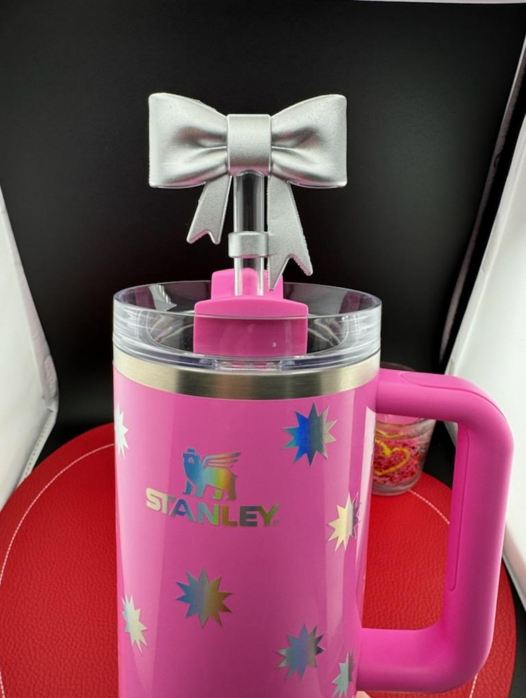 NEW bow straw toppers stanley cup tumblers pink silver black rainbow cheetah