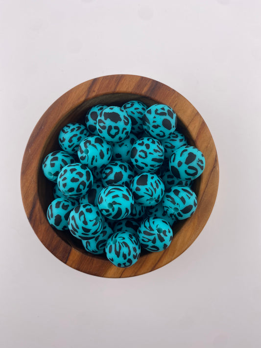 Exclusive Teal Cheetah 15mm silicone print beads