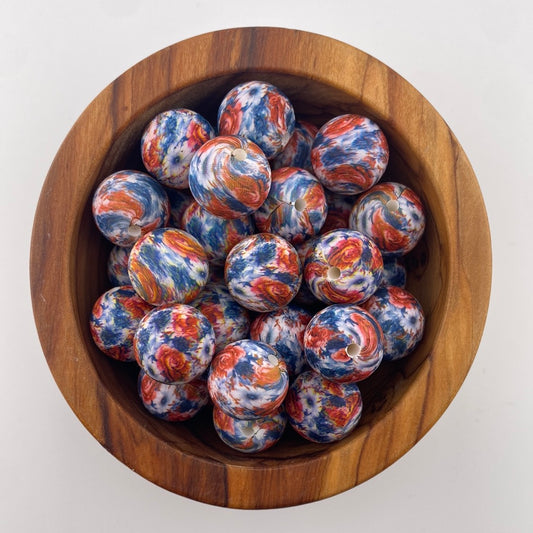 Exclusive America Red White and Blue Flower 15mm Print Silicone Bead