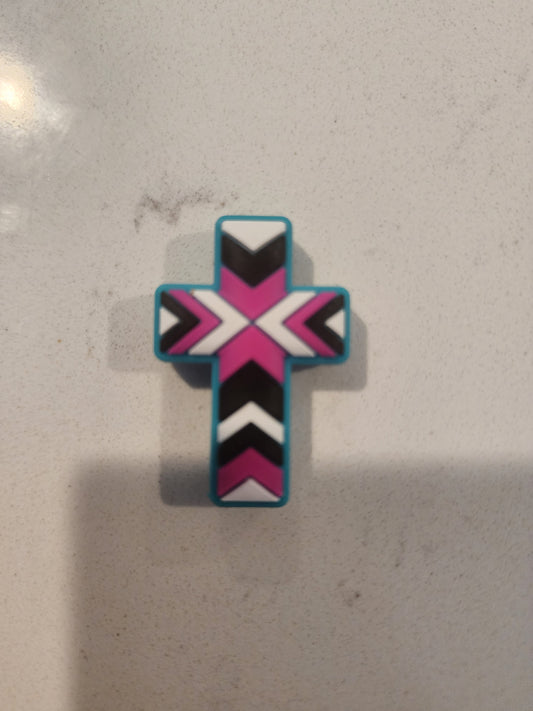 Teal and pink aztec silicone cross focal beads