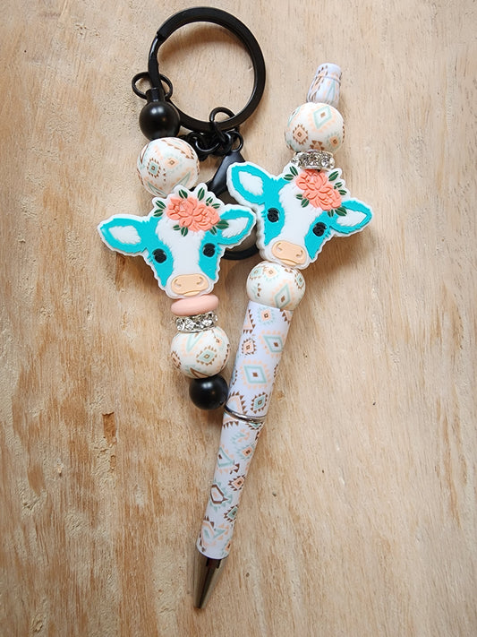 Cow silicone focal beads pen Keychain set