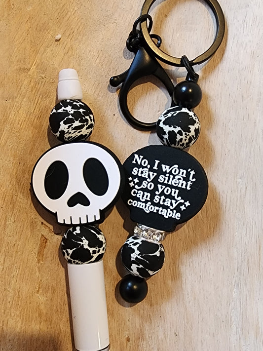 Skull set silicone focal beads pen and Keychains no I won't stay comfortable