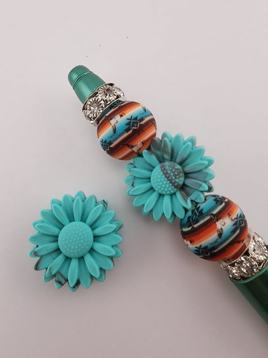 Custom turquoise Brown swirl Daisy silicone focal bead