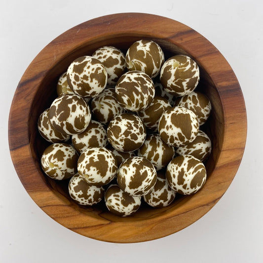 Exclusive Brown on Cream Cow Hide 15mm Print Silicone Bead