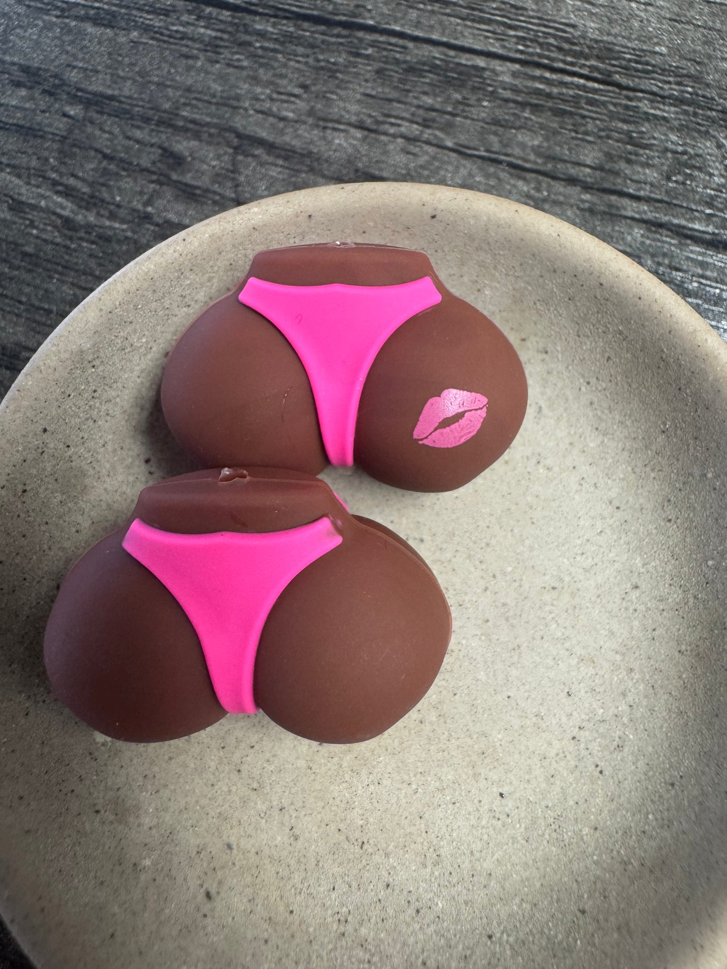 Dark Brown Butt with Pink Kiss “ Kiss my Ass” Custom Exclusive Silicone Focal