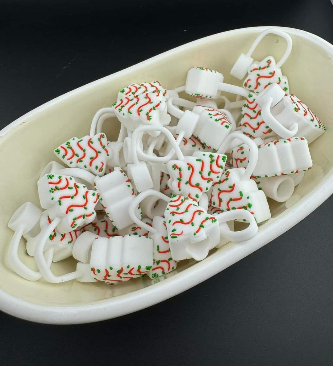 Custom collab exclusive christmas tree cake silicone straw toppers for stanley