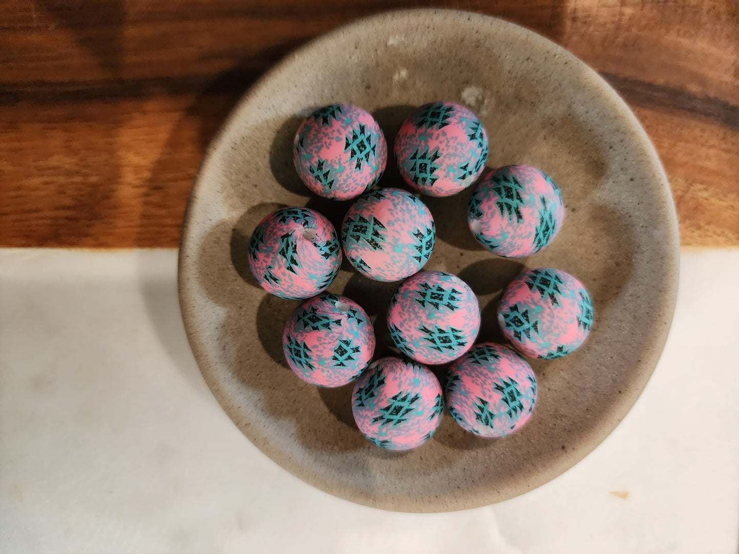 Serape Coral Neon Brown Aztec Silicone Printed Beads - 15mm