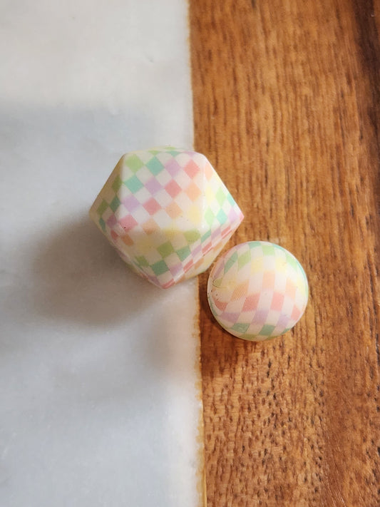 Pastel spring checkers custom printed beads hexagon and 15mm