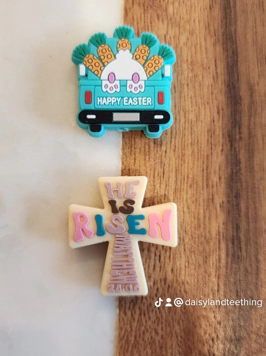 Easter he is risen cross and easter bunny truck custom silicone focal beads